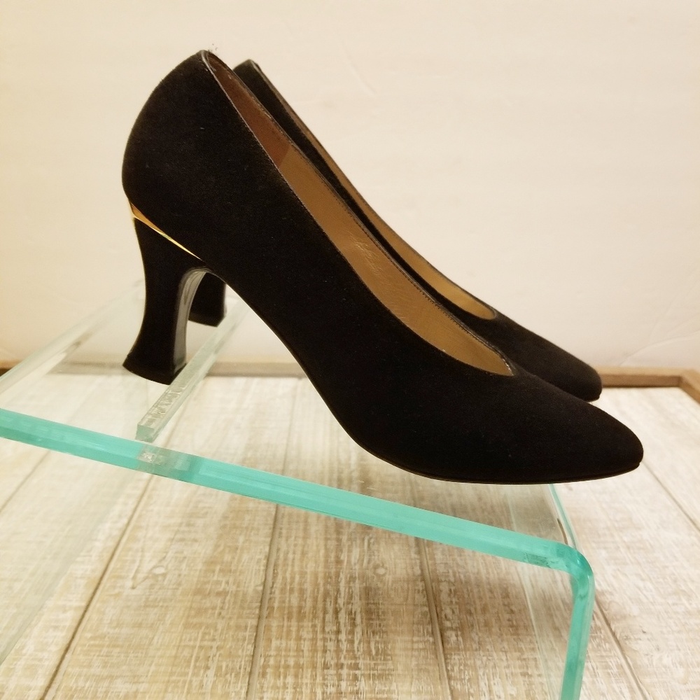 St John Vintage Black Suede Heels w/ Gold Detail